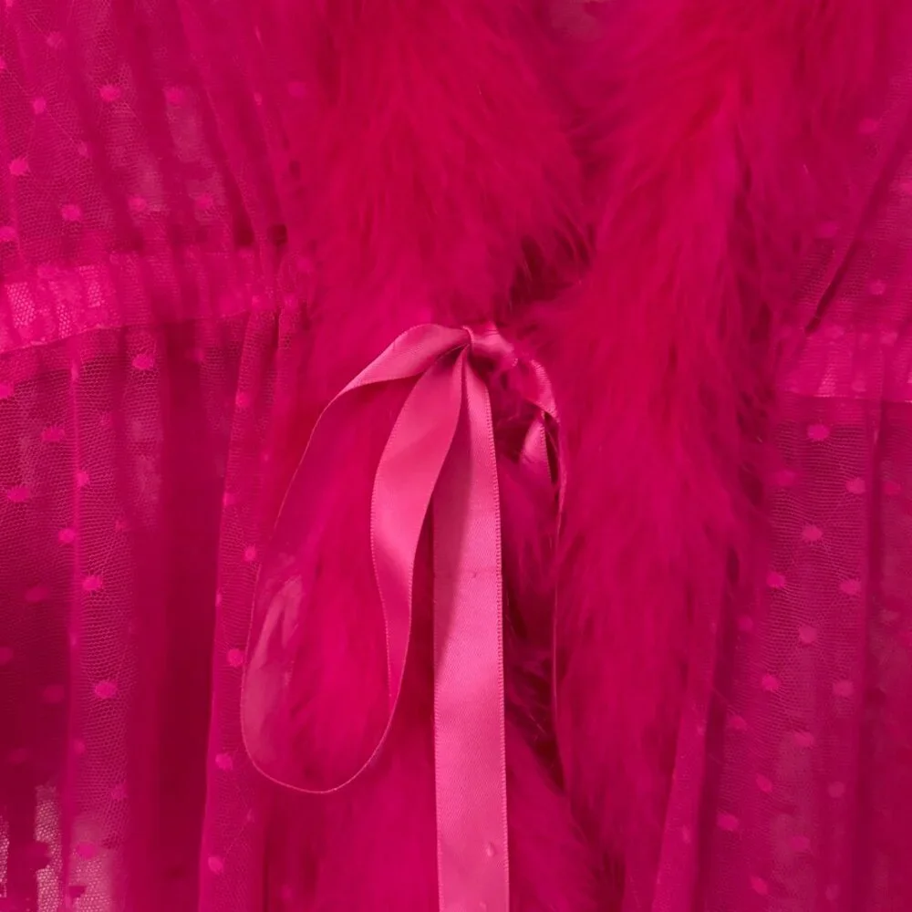 Betsey Johnson Pink Sheer Robe with Feather Boa Trim - Picture 7 of 11